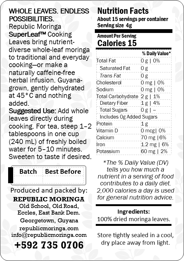 SuperLeaf Whole Leaves product information label