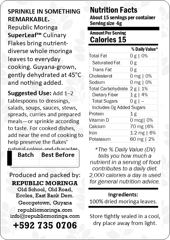 SuperLeaf Culinary Flakes product information label