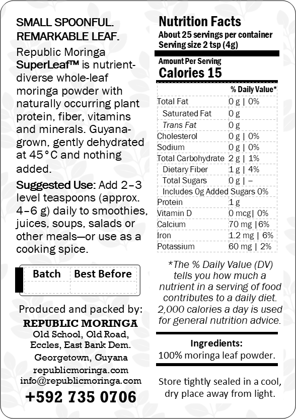 SuperLeaf Fine Powder product information label
